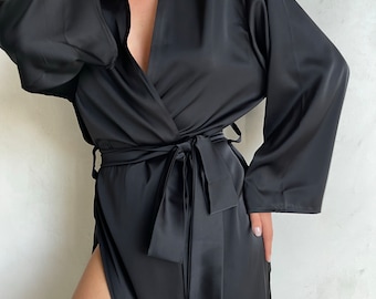 Women's Long Robe With Slits | Sexy Robe | Silk Long Robe | Black Robe | Bridal Robe | Gift For Her