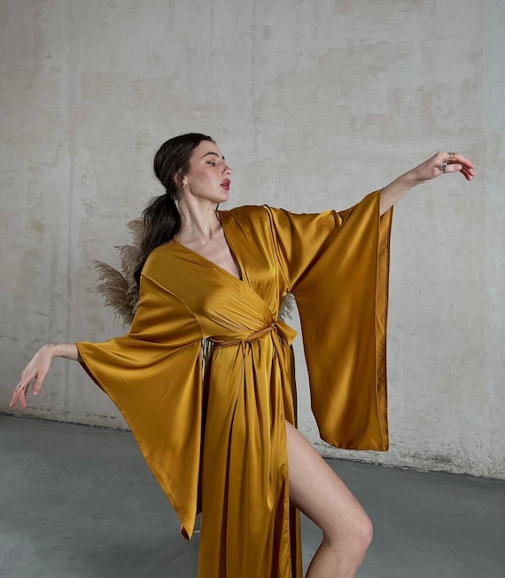 silk kimono wrap dress Silk Kimono Robe | Wide Sleeve Satin Wrap Dress | Boudoir Loungewear |  Bridal Morning Robe | Elegant Homewear | Wedding Morning Silky Robe