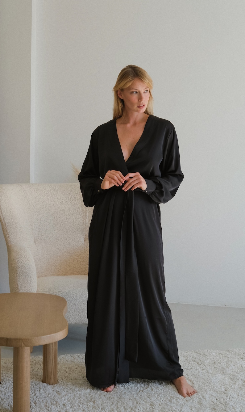 Women's Long Silky Robe Black Silky Long Robe Wedding Robe Bridesmaids Robe Christmas Gift For Her image 4