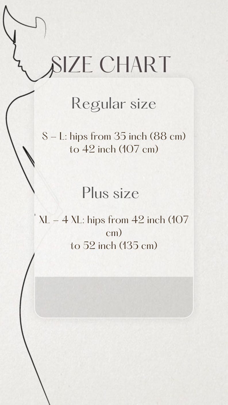 May include: A size chart with the text "SIZE CHART" at the top. The chart includes "Regular size" with hip measurements from 35 inches (88 cm) to 42 inches (107 cm). "Plus size" measurements range from 42 inches (107 cm) to 52 inches (135 cm).