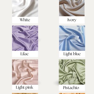 Puede incluir: Paleta de colores con muestras de tela en blanco, marfil, lila, azul claro, rosa claro, pistacho, oro claro y oro.