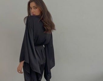 Conjunto de pijama tipo bata kimono con pantalón / Bata kimono corta / Pantalón de seda / Pijama de seda / Conjunto de pijama para damas de honor / Ropa de estar por casa / Regalo para ella