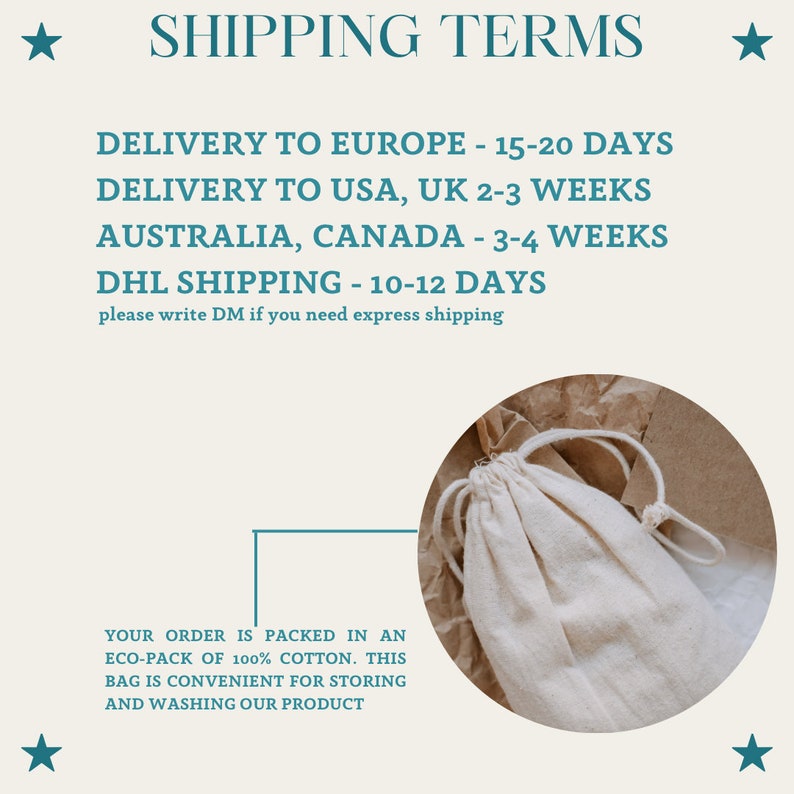 May include: Shipping terms for orders to Europe, USA, UK, Australia, Canada, and DHL shipping. The text states that orders are packed in an eco-pack of 100% cotton. The image shows a white cotton bag.