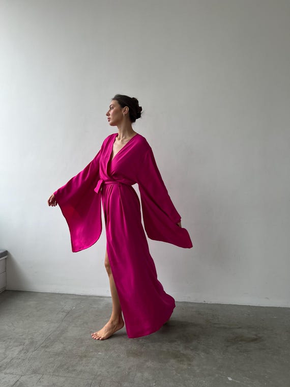Cotton Robe Neon Pink Dressing Gown Hot Pink Robe Natural Fabric Kimono  Soft Cotton Blend Robe