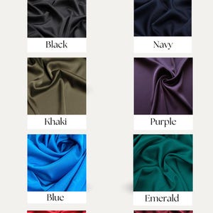 Puede incluir: Muestras de colores de tela que muestran diferentes colores: negro, azul marino, caqui, morado, azul, esmeralda, rojo y burdeos.