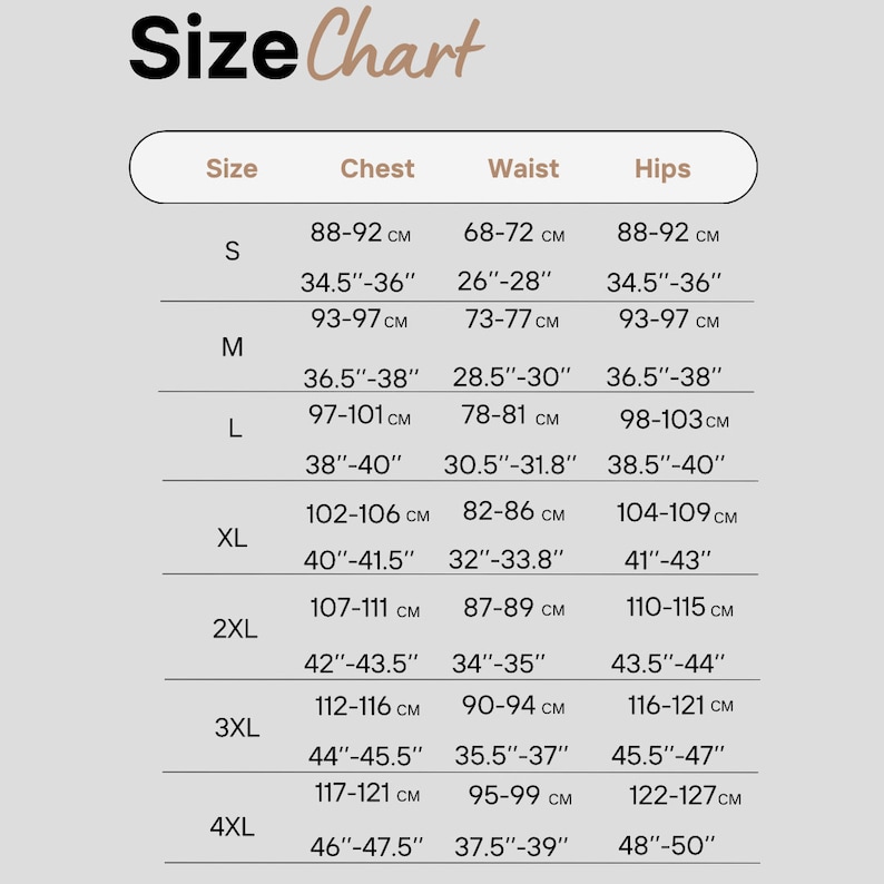 Puede incluir: Tabla de tallas para ropa con medidas en pulgadas y cent&iacute;metros. La tabla muestra las tallas S a 4XL con las medidas de pecho, cintura y cadera correspondientes.