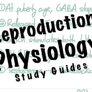 Puede incluir: Una guía de estudio manuscrita en blanco y negro con el texto "Reproduction Physiology" en negrita, fuente grande. También se puede ver el texto "GABA stops inhibition" y "GnRH stimulates both LH & FSH".