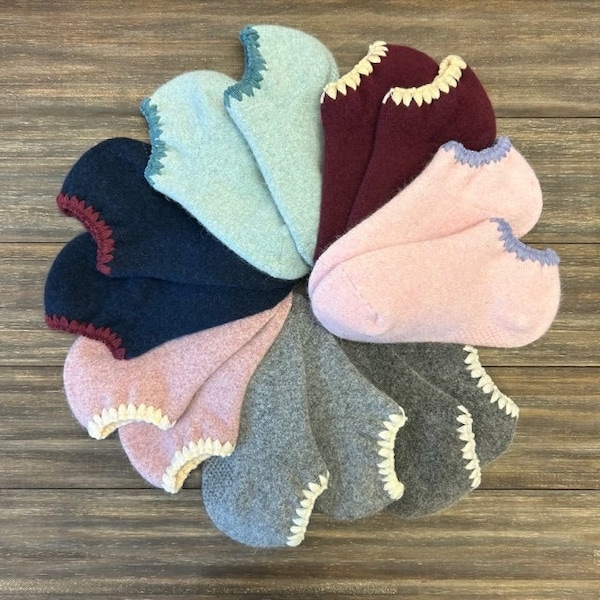 Handcrafted Slipper Socks | Warm Angora Wool Blend with Grips | Soft, Cozy, Comfy | Size Medium | Crocheted Trim