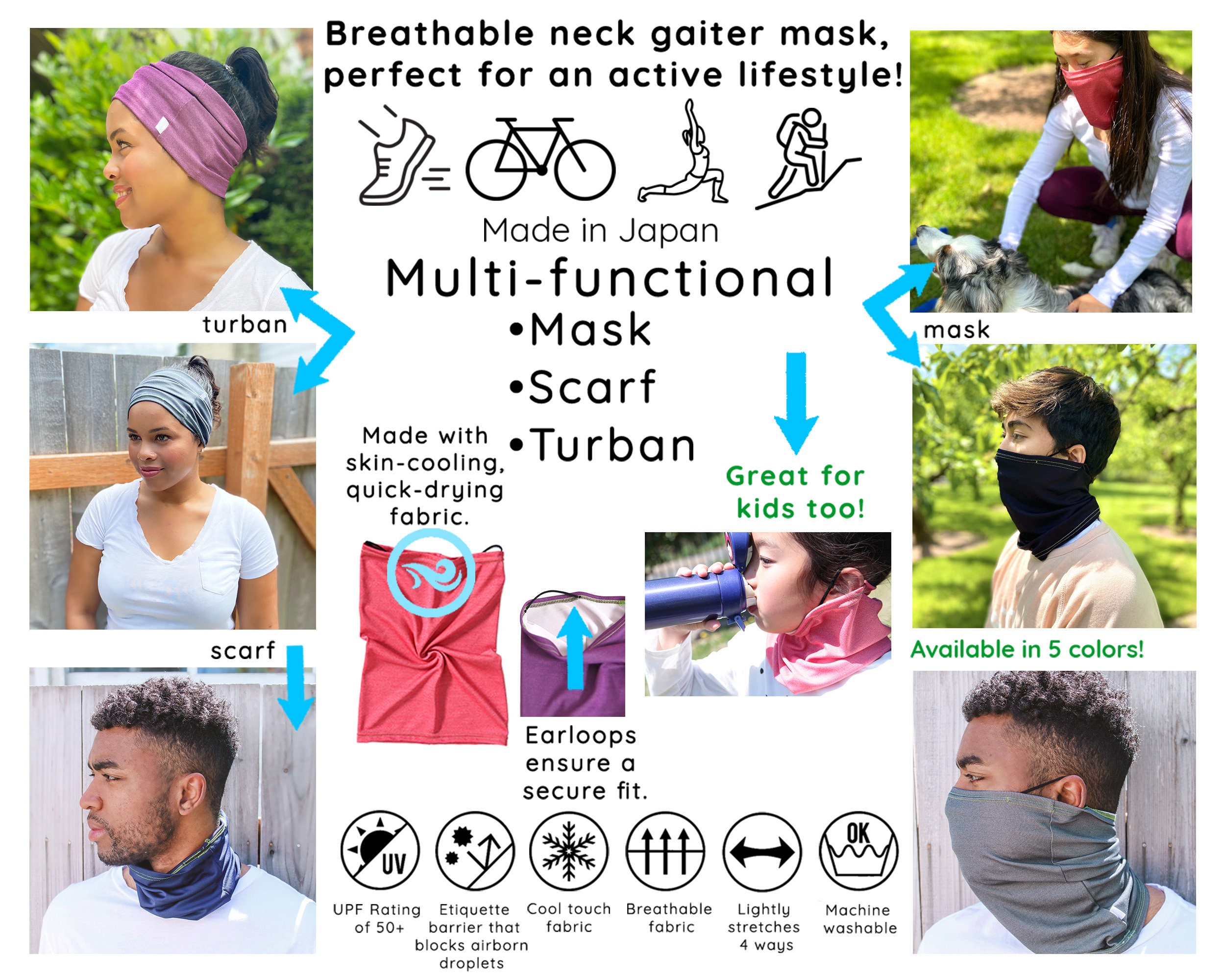 UPF 50 Sun Protection Neck Gaiter Cool, Breathable & Lightweight Tube Scarf  for Outdoor Activity Comfortable Ear Loops Unisex 