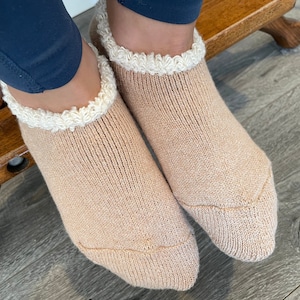 Airy Grace Organic Cotton Slipper Socks | Natural Color and Undyed Cotton | Latte or Cream with Soft Fuzzy Trim  | Medium and Large