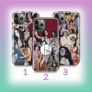 May include: Three phone cases featuring a collage of images of Cher. The cases have a variety of images of Cher in different outfits and poses. The cases are numbered 1, 2, and 3.