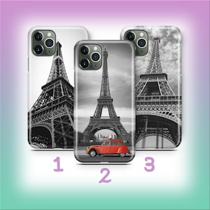 May include: Three phone cases with images of the Eiffel Tower in black and white. One case shows the tower in full, another includes a red car. The cases are numbered 1, 2, and 3.