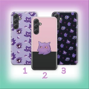 May include: Three phone cases with cartoon ghost designs. One case is lavender with purple ghosts and Pokeballs. Another is pink and black with a purple ghost. The third case is black with purple ghosts.