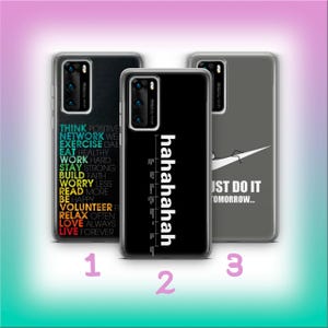 Könnte beinhalten: Drei Handyhüllen mit unterschiedlichen Designs. Eine Hülle hat eine Liste positiver Affirmationen in verschiedenen Farben. Eine andere Hülle ist schwarz mit dem Wort "hahahahah" in Weiß. Die dritte Hülle ist grau mit einem weißen Haken und dem Text "JUST DO IT TOMORROW..."