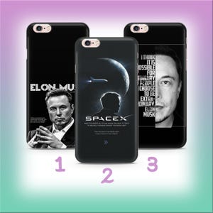 May include: Three black phone cases with Elon Musk's image and SpaceX logos. One case features the text "ELON MUSK" and a quote. Another displays the SpaceX logo with the text "WAS FOUNDED BY ELON MUSK ON MAY 6, 2002 TO REVOLUTIONIZE SPACE TECHNOLOGY". The third case has a quote.