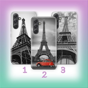 May include: Three phone cases featuring the Eiffel Tower in black and white. One case has a red car in front of the tower. The cases are numbered 1, 2, and 3. The background has a gradient of pink, purple, and teal.