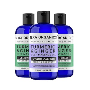 Turmeric Ginger Massage Oil for Lymphatic Drainage & Discomfort Relief, Warming Soothing, Blended in Essex, UK by Sera Organics (100ml)