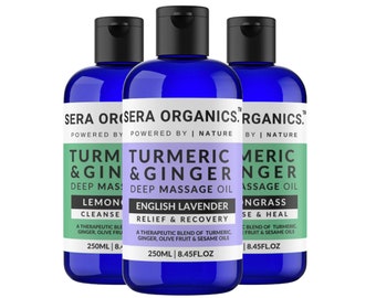 Turmeric Ginger Massage Oil for Lymphatic Drainage & Discomfort Relief, Warming Soothing, Blended in Essex, UK by Sera Organics (100ml)