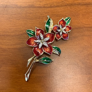 Enamel Flower Brooch signed C’est Bien 1960’s Red Green Gold Rhinestones
