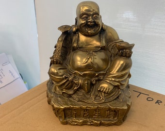 Laughing Buddha Signed Vintage Bats Prosperity superior casting 1930 Brass