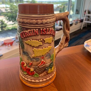 Tiki Virgin Islands Beer Mug Stein Decorated Cocktail 7” high Bar Retro 1970’s