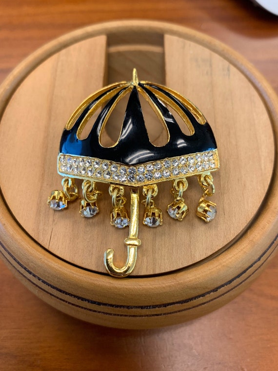 Unique Umbrella Brooch Gold With Black Enamel Rhi… - image 1