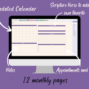 Puede incluir: Una pantalla de ordenador que muestra una plantilla de calendario mensual imprimible. El calendario no está fechado e incluye espacio para notas, citas y un versículo bíblico favorito. La plantilla incluye 12 páginas mensuales.