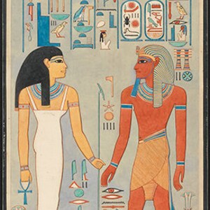 May include: A painting depicting an ancient Egyptian couple standing side-by-side. The woman is wearing a white dress and the man is wearing a red kilt. They are both adorned with jewelry and headdresses. The background is a light blue with hieroglyphs and other symbols.