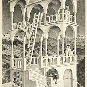 May include: A black and white illustration of a building with multiple levels and arches. There are several figures in the illustration, including a person climbing a ladder, a person standing on a balcony, and a person looking out a window. The building is set against a background of mountains.