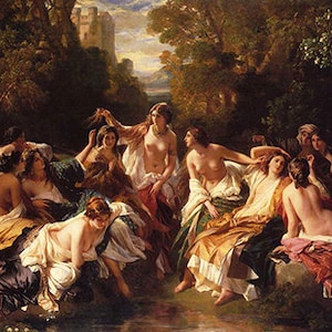 May include: A painting depicting a group of women in a lush woodland setting. The women are partially clothed and appear to be bathing in a stream. The scene is filled with vibrant colours and intricate details, creating a sense of tranquility and beauty.