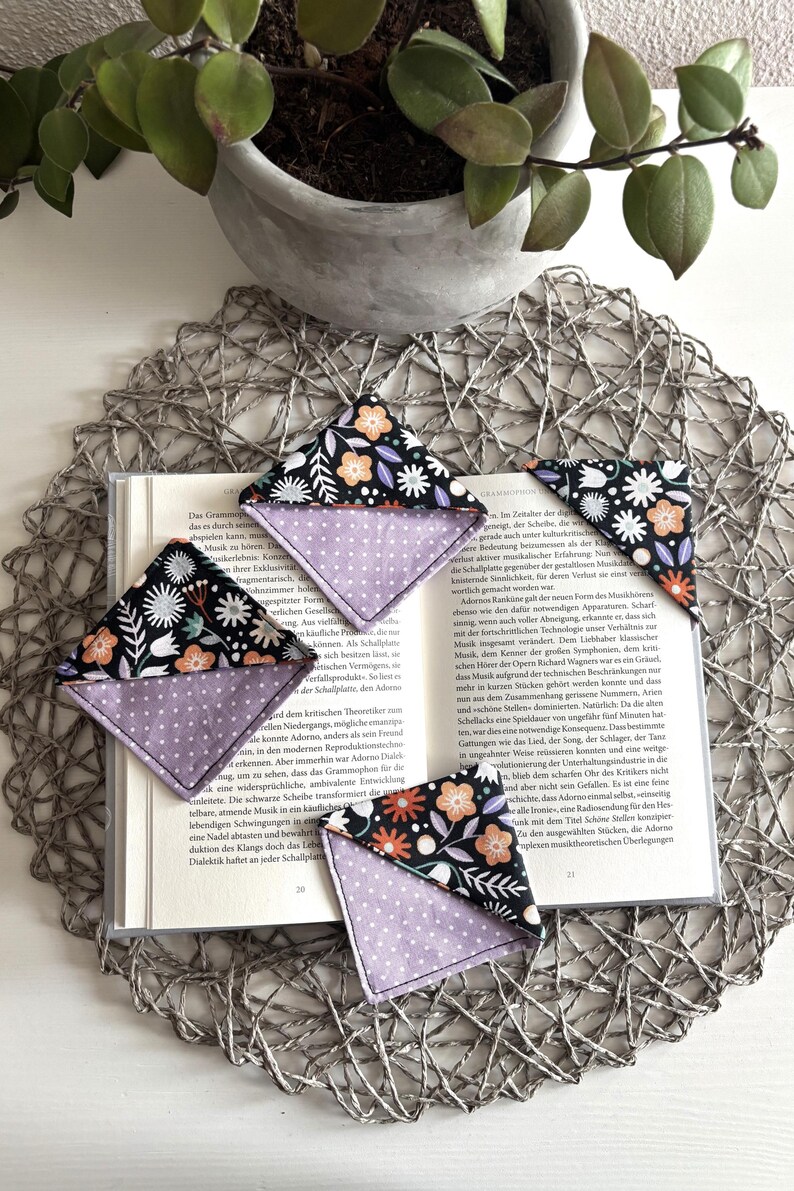 Handmade Purple Fabric Corner Bookmark, Cotton, Floral Pattern - Etsy