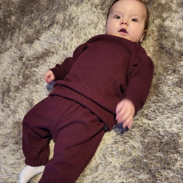 Merino wool pants and sweater set for kids, Bordeaux Organic merino wool baby set, Red Merino wool set for Toddler Unisex Boy & Girl