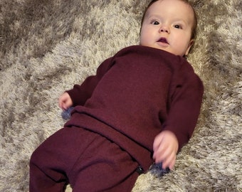 Bordeaux Bio Merino Wolle Hosen und Pullover Set für Kinder, Rote Merino Wolle Set für Kleinkinder Unisex Jungen & Mädchen