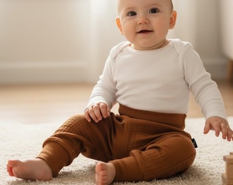 Organic Muslin Baby Harem Pants: Unisex Cotton Bloomers, Cognac
