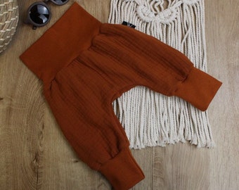 Mousseline Baggy broek, Biologische kinder pompslang, Baby zomerbloeiers, Pasgeboren unisex bodems, Katoenen peuters harembroek 56-116, Cognac kleur