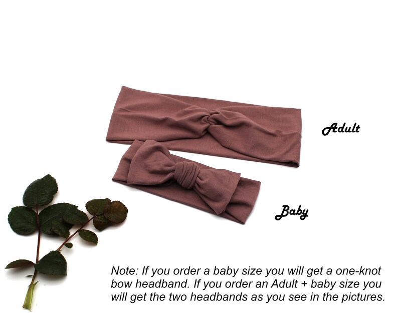 May include: Two mauve-colored headbands, one adult-sized and one baby-sized, are displayed on a white background. The adult headband features a twisted knot design, while the baby headband has a bow. Text on the image reads "Adult" and "Baby".