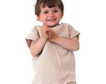Anna Karinna Kids T-shirt d'été en mousseline de couleur beige, mousseline de chemisier Kinder, chemise de bébé en mousseline, haut en gaze de coton, haut en mousseline pour tout-petit fille/garçon