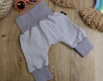 Pantalon ample gris d'été en mousseline, pantalon vert pour tout-petit, escarpin mousseline Kinder Hose Baby Bio Baumwolle Sommer Junge Mädchen Größen 56-116