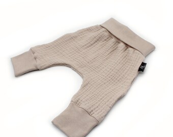 Pantaloni da bambino in mussola beige - Pantaloni in mussola per bambini - Pantaloni estivi larghi per neonato o ragazza, taglie 56 - 116