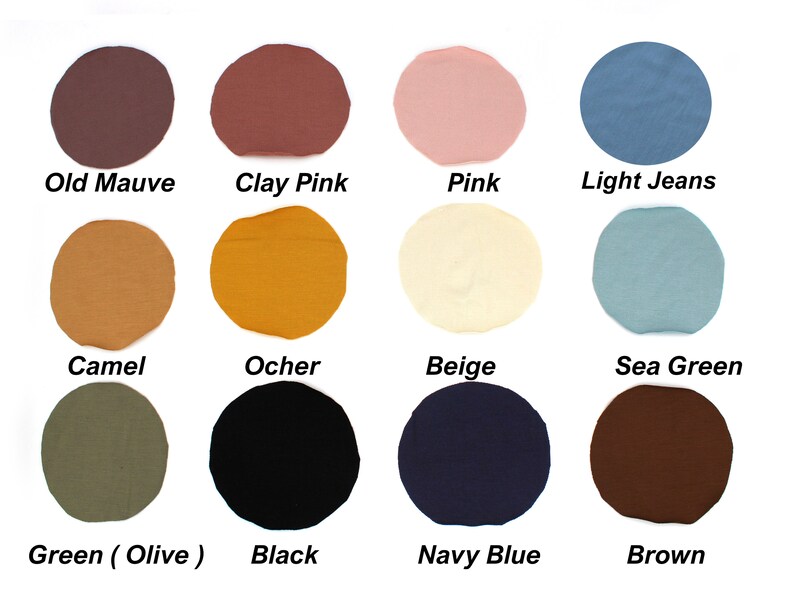 May include: A color palette featuring twelve fabric swatches in various shades. Colors include Old Mauve, Clay Pink, Pink, Light Jeans, Camel, Ocher, Beige, Sea Green, Green (Olive), Black, Navy Blue, and Brown. Each swatch is labeled with its corresponding color name.