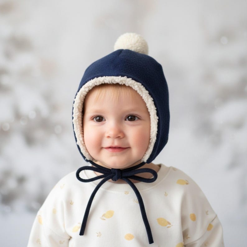 Peut inclure: Un bonnet d'hiver bleu marine avec une doublure en sherpa couleur cr&egrave;me, un pompon assorti sur le dessus et de longs liens bleu marine qui s'attachent sous le menton. Le bonnet pr&eacute;sente une forme arrondie et couvre les oreilles.