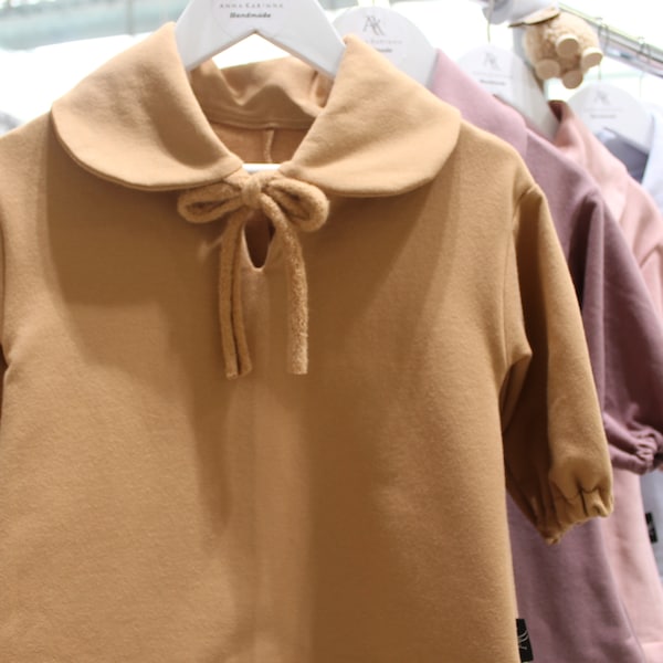 Certified Organic Cotton Girl's Dress: Sizes 12m-8yrs, Mädchenkleider aus Bio-Baumwolle, Little girl tunic dress, Camel color