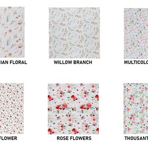 May include: Six fabric swatches with floral patterns. The swatches include "BOHO BOHEMIAN FLORAL", "WILLOW BRANCH", "MULTICOLOR FLOWERS", "ROMANTIC FLOWER", "ROSE FLOWERS", and "THOUSANT FLOWERS" printed on them. The fabrics have a white background.