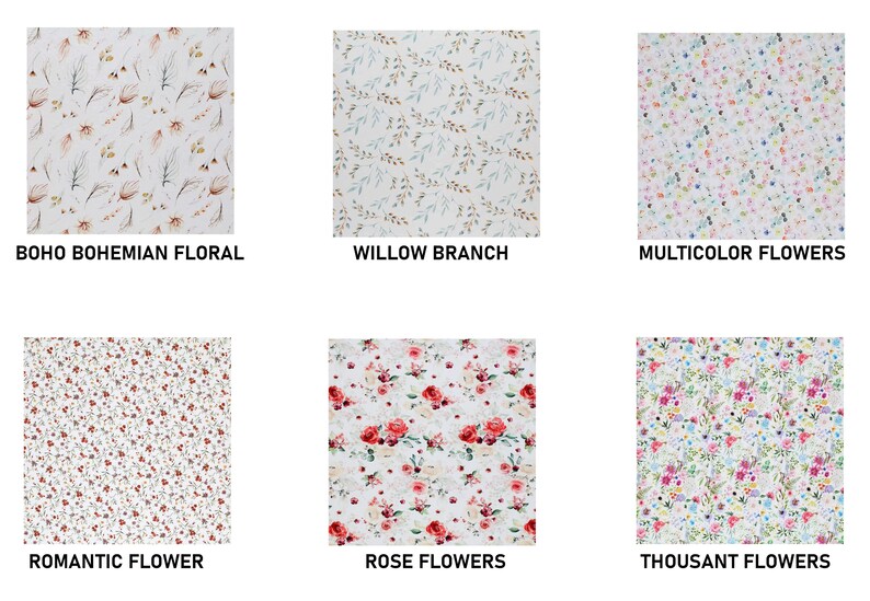 May include: Six fabric swatches with floral patterns. The swatches include "BOHO BOHEMIAN FLORAL", "WILLOW BRANCH", "MULTICOLOR FLOWERS", "ROMANTIC FLOWER", "ROSE FLOWERS", and "THOUSANT FLOWERS" printed on them. The fabrics have a white background.