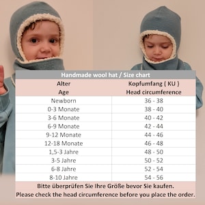 Peut inclure: Une cagoule bleue avec une doublure en polaire cr&egrave;me. L'image pr&eacute;sente un tableau des tailles intitul&eacute; Handmade wool hat / Size chart, indiquant les &acirc;ges de nouveau-n&eacute; &agrave; 8-10 ans et les tours de t&ecirc;te correspondants en centim&egrave;tres.