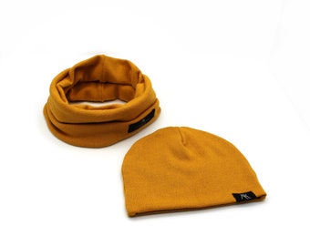 Choose your color - Loop and hat set, Ocher tube scarf and hat set, Set of Beanie and Loop  Mustard color, Mutze und loop junge, Beanie hat