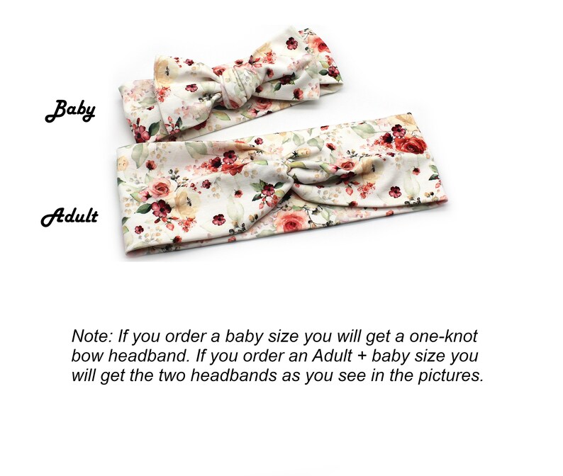 May include: Two floral headbands, one for a baby and one for an adult. The headbands feature a cream background with red, pink, and green floral patterns. The baby headband has a bow, while the adult headband is twisted.