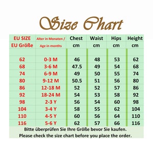 May include: A size chart for children's clothing, with measurements in centimeters. The chart includes EU sizes, age ranges in months and years, and corresponding chest, waist, hips, and height measurements. The text "Please check the size chart before you place the order" is included.