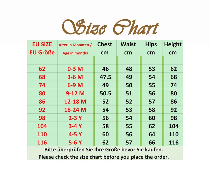 May include: A size chart for children's clothing, with measurements in centimeters. The chart includes EU sizes, age ranges in months and years, and corresponding chest, waist, hips, and height measurements. The text "Please check the size chart before you place the order" is included.