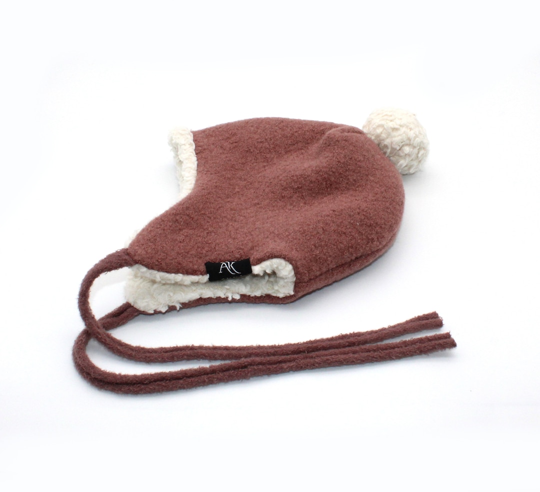 Baby Wool Hat, Pom Pom Winter Baby Hat With Tie Strings, 100 Italian